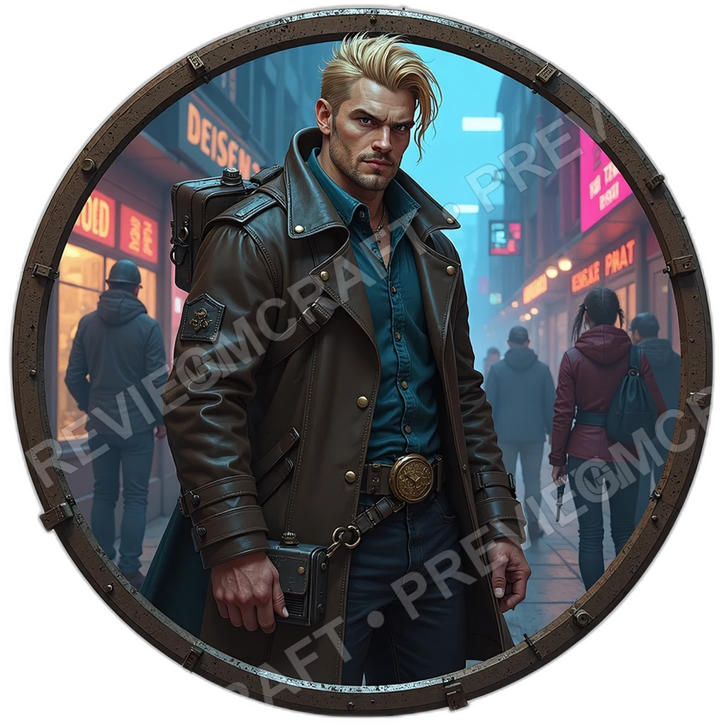 Market Raconteur, Male, Cracked Voice Amp, Folding Lore Cards, Coin Stitched Satchel, Npcs, ,Adult,1.8,, ,Heavyset Build,1.8,, ,Golden Blonde Hair,1.8 0001 top-down token preview