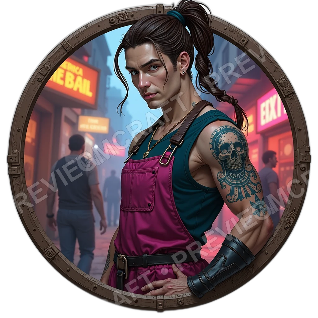 Noisy Street Vendor, Male, Cracked Voicebox, Folding Spice Stall, Sticky Credit Pouch, Neon Apron Handstitched, Npcs, ,Young Adult Age,1.8,, ,Athletic 0001 top-down token preview