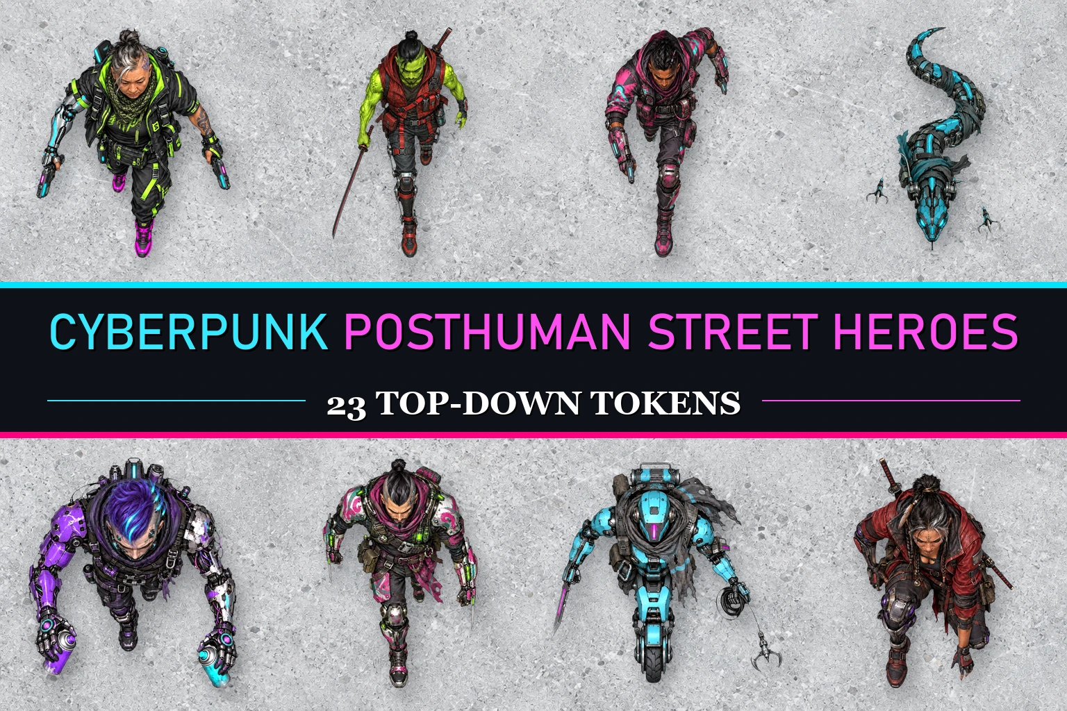 Cyberpunk Posthuman Street Heroes — 23 Top-Down Tokens