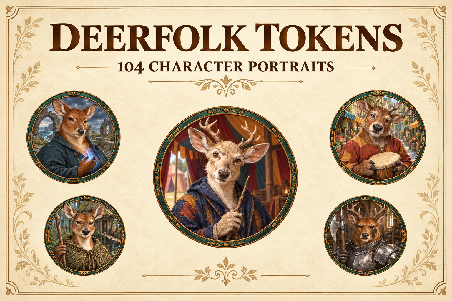 104 Tokens de personnages cervidés — portraits fantasy