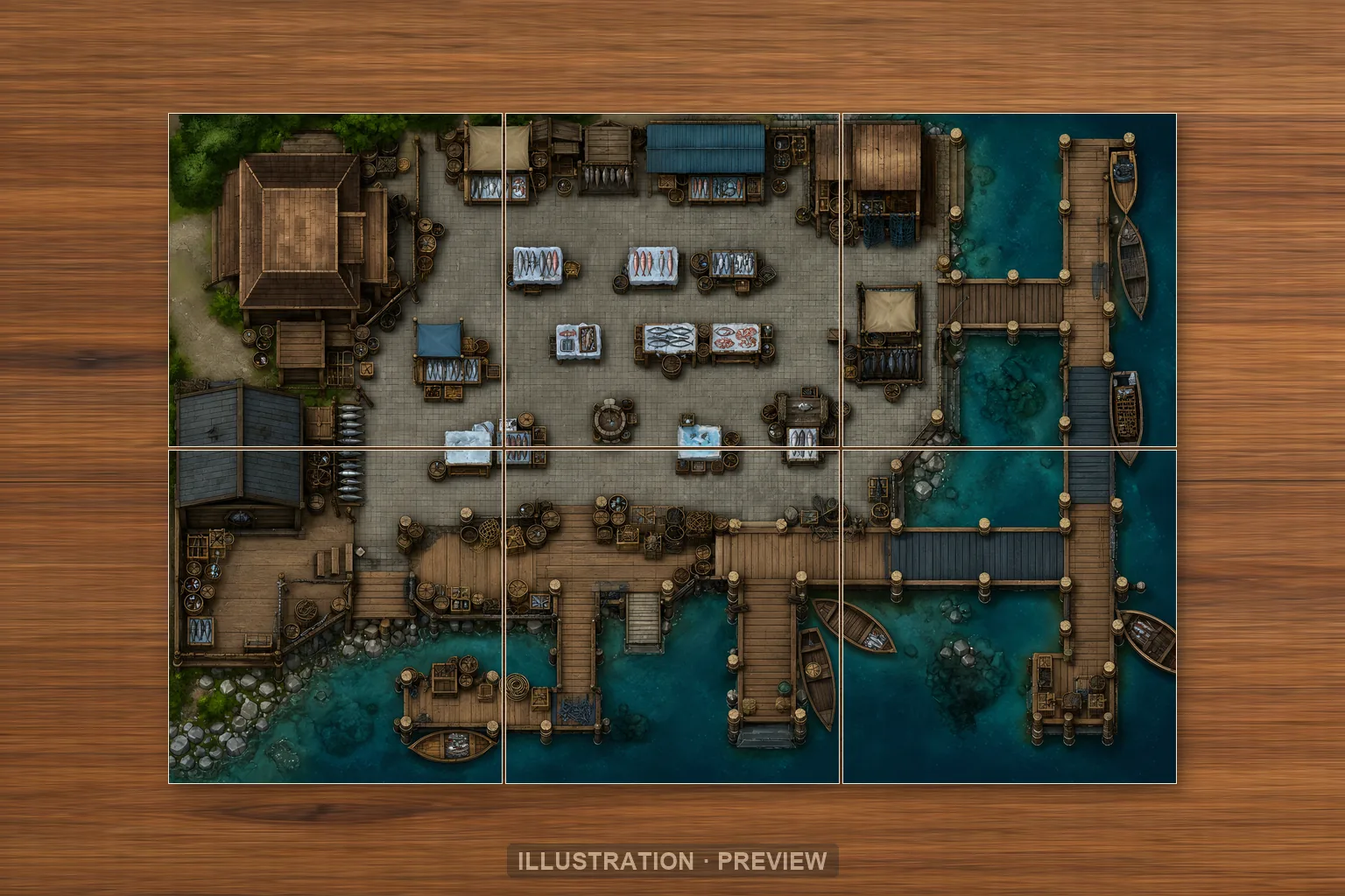 Illustration of a battlemap arranged on six printed sheets on a tabletop