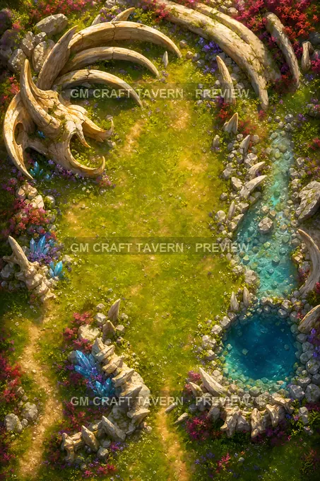 Cimetières de dragons et ossements géants — prairie ensoleillée (aperçu de la battlemap)