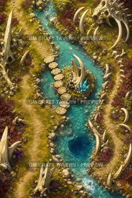 Cimetières de dragons et ossements géants — sentier osseux au bord de l’eau (aperçu de la battlemap)
