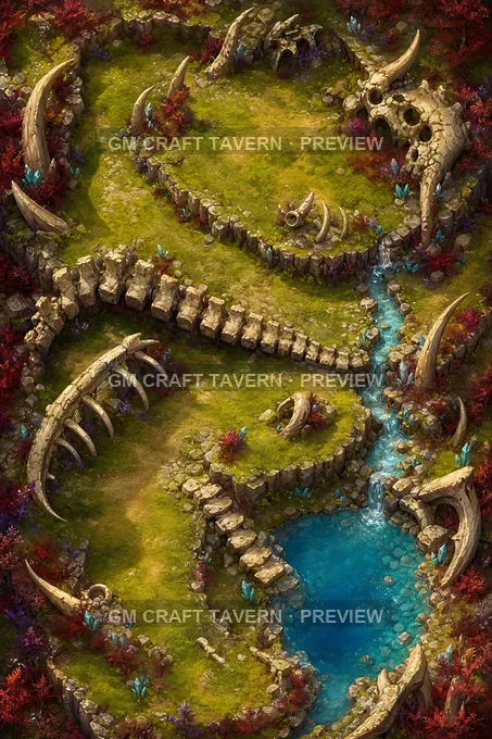 Cimetières de dragons et ossements géants — champs osseux en terrasses (aperçu de la battlemap)