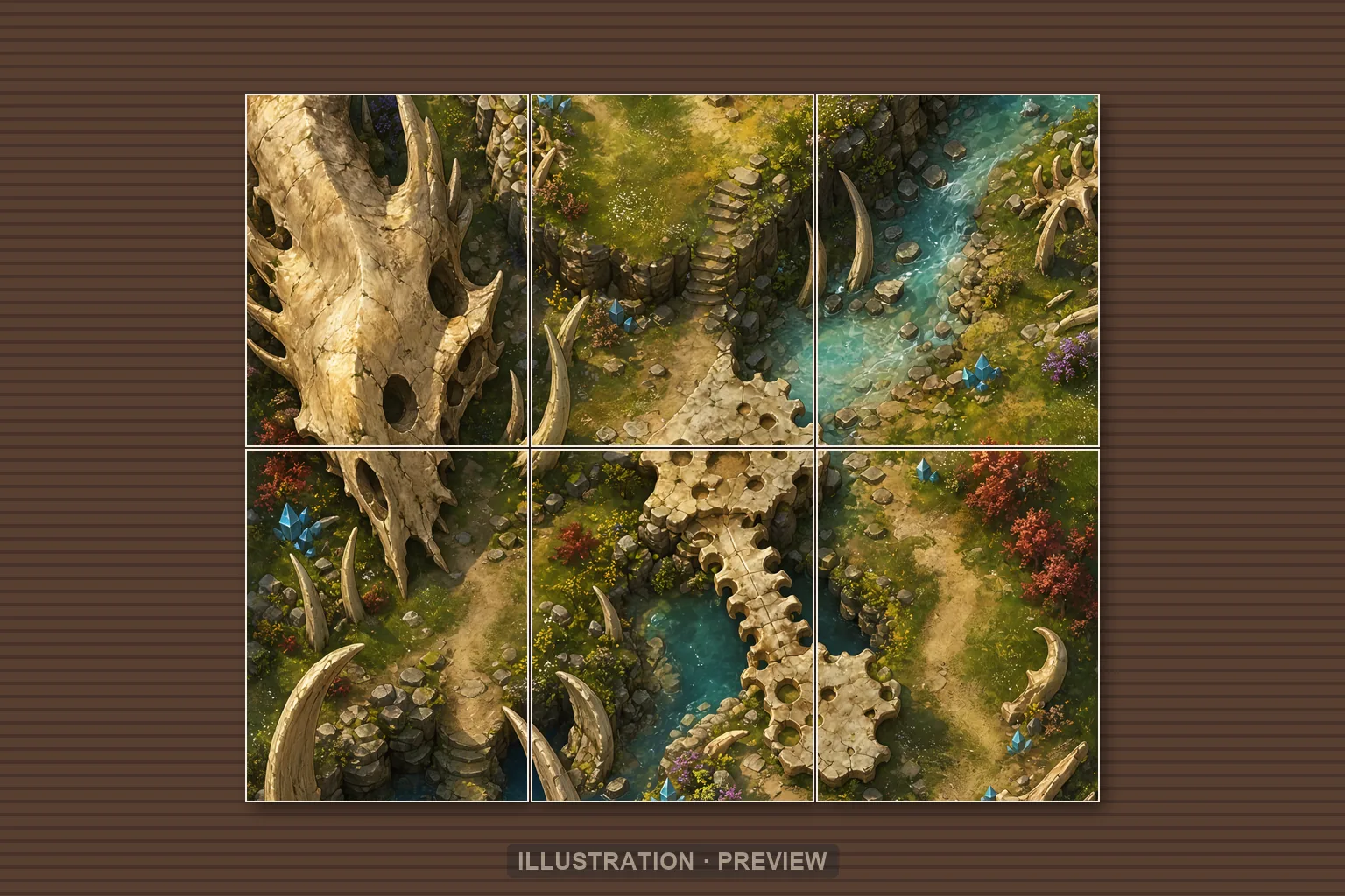 Illustration d’une battlemap disposée sur six feuilles imprimées sur une table