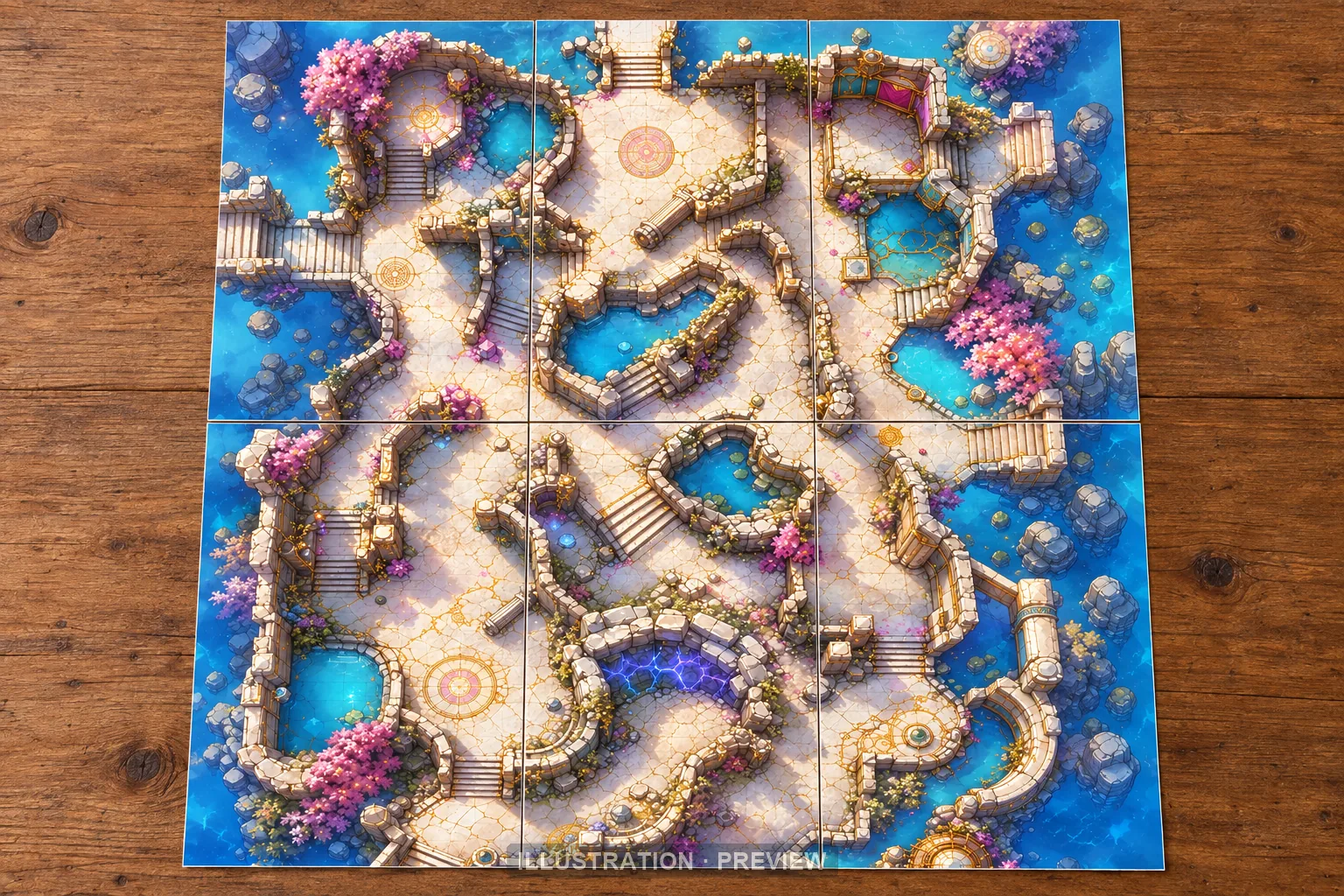 Illustration of a battlemap arranged on six printed sheets on a tabletop