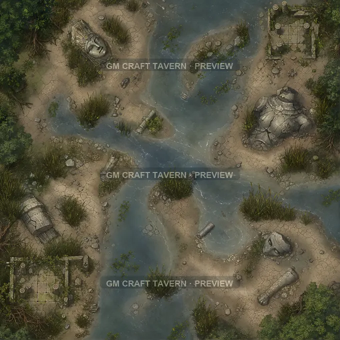 Moonlit Silt Ford With Half Buried Statues battlemap preview