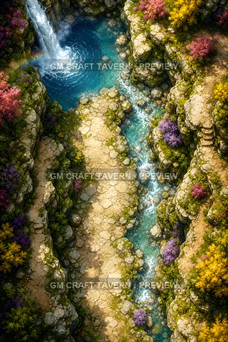 Chutes enchantées et gorges arc-en-ciel — aperçu de la battlemap du goulet de la gorge