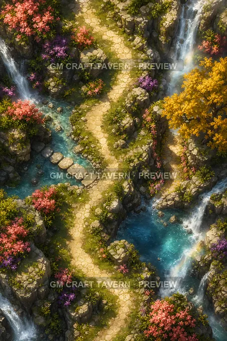 Chutes enchantées et gorges arc-en-ciel — aperçu de la battlemap du chemin sinueux dans la brume