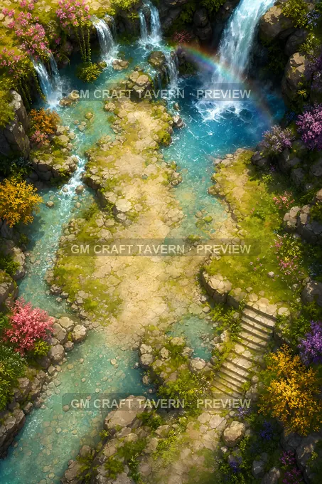 Chutes enchantées et gorges arc-en-ciel — aperçu de la battlemap du vaste bassin arc-en-ciel