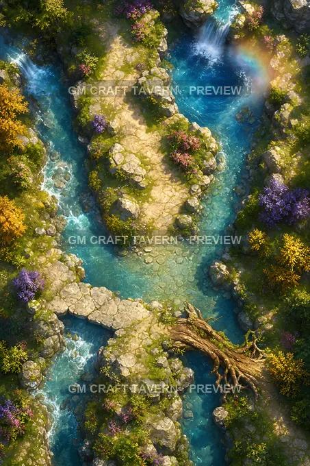 Chutes enchantées et gorges arc-en-ciel — aperçu de la battlemap du ruisseau prismatique bifurqué