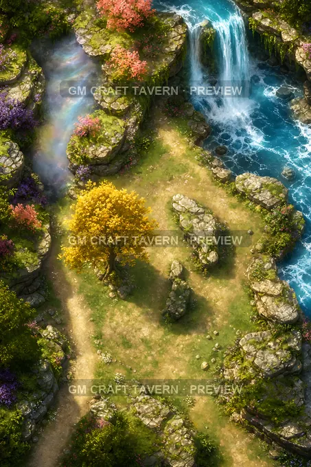 Chutes enchantées et gorges arc-en-ciel — aperçu de la battlemap du vallon brumeux caché