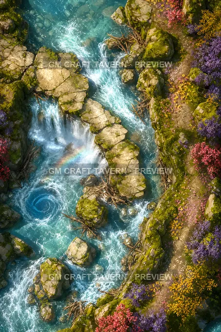 Chutes enchantées et gorges arc-en-ciel — aperçu de la battlemap de la cascade gonflée par l’orage