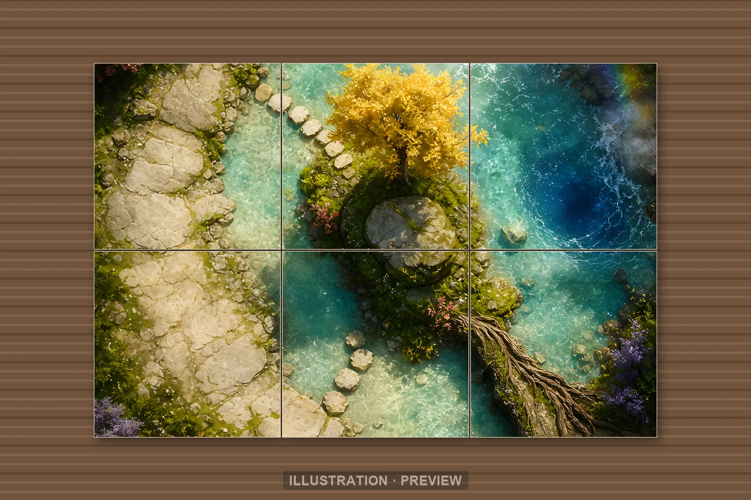 Illustration d’une battlemap disposée sur six feuilles imprimées sur une table