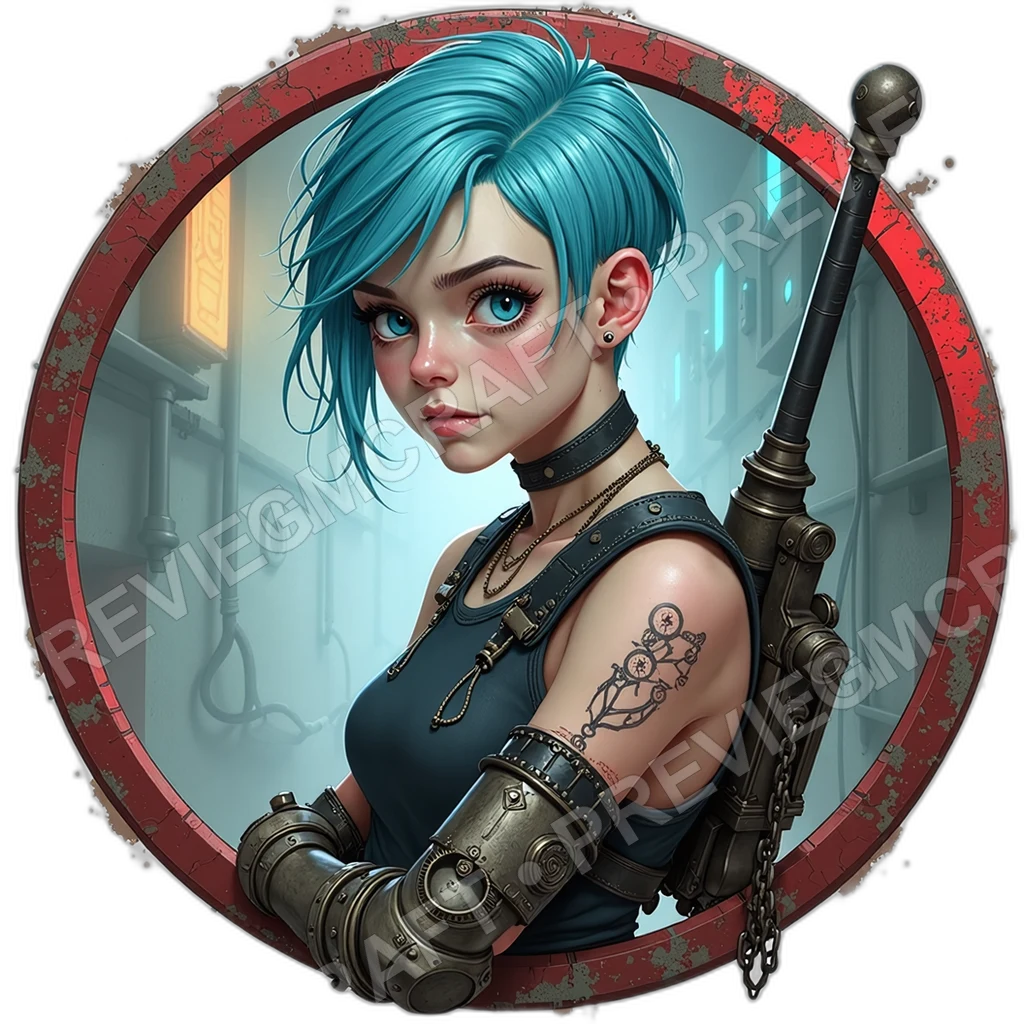 Lathe Mistress, Female, Calibrated Torque Gauntlet, Oil Inked Schematic Forearm, Spare Cog Bandolier, Mechanics Engineers, , Age,1.8,, ,Lean B 0001 top-down token preview