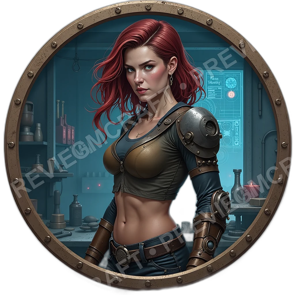 Precision Machinist, Female, Orbital Wrench Gauntlet, Oil Inked Schematic Sleeve, Calibrated Torque Beads, Spare Cog Belt, Mechanics Engineers, ,Older 0001 top-down token preview