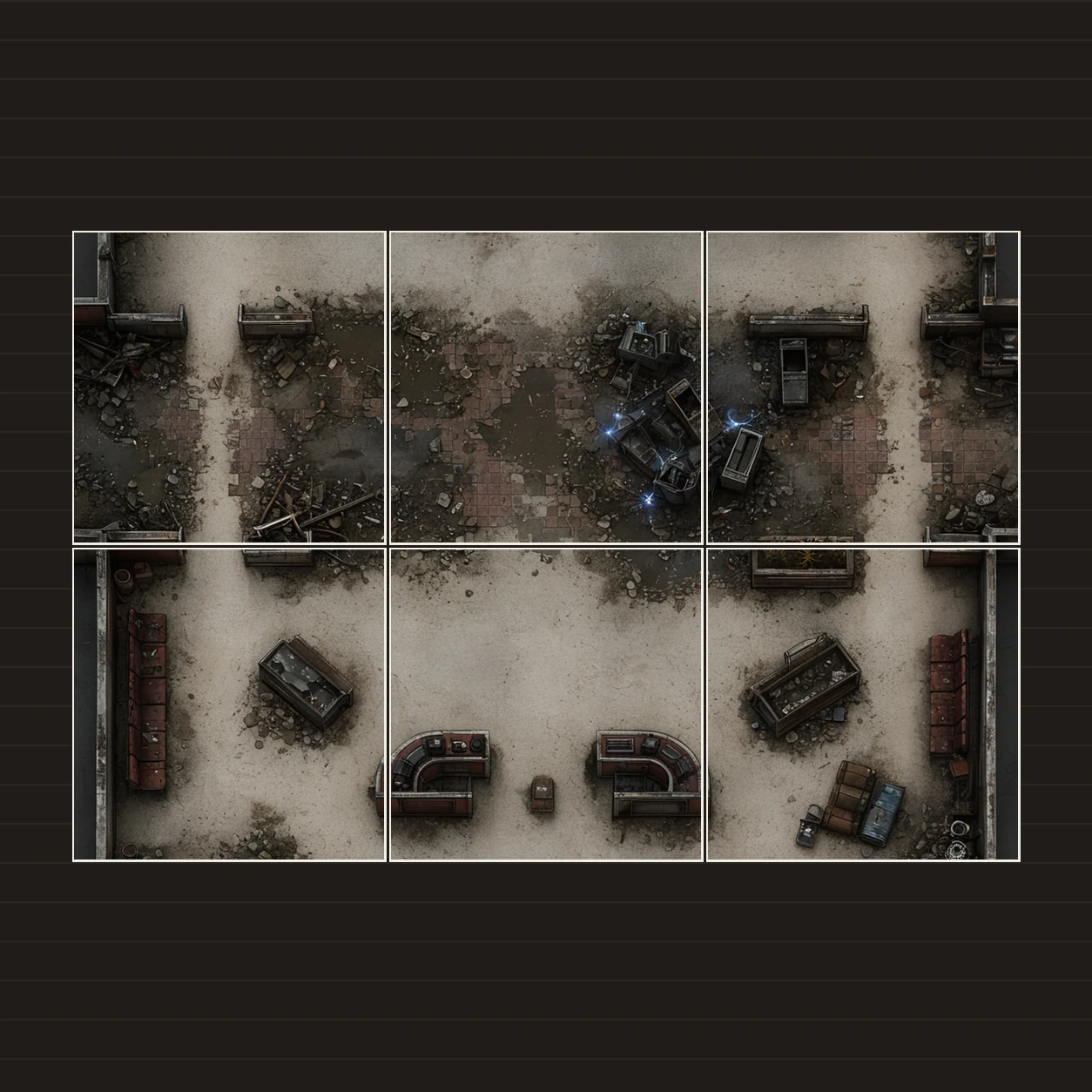 Illustration d’une battlemap disposée sur six feuilles imprimées sur une table