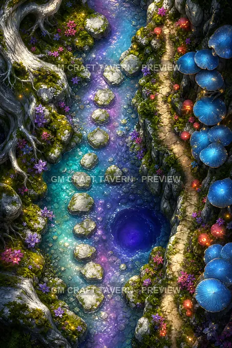 Faerie Glades And Mushroom Rings Narrow Crossing battlemap preview