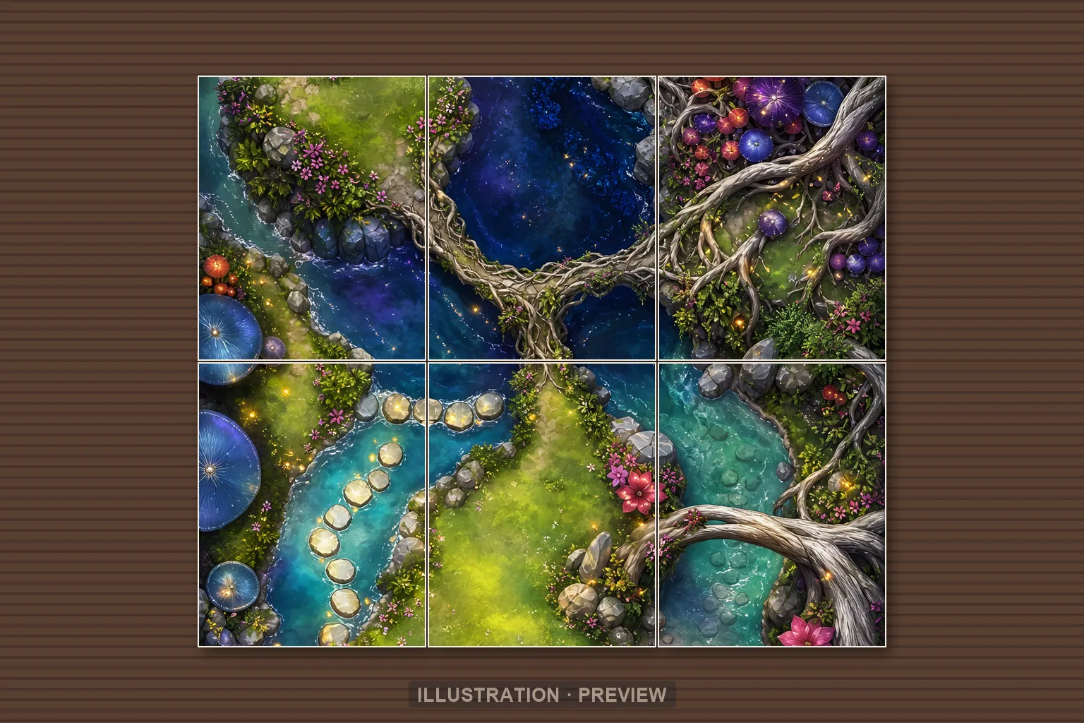 Illustration of a battlemap arranged on six printed sheets on a tabletop