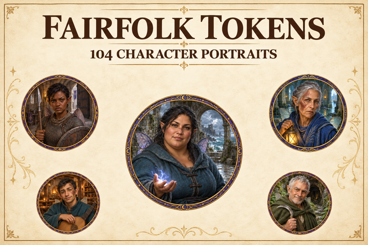 104 Tokens de personnages gens-fées — Portraits fantasy