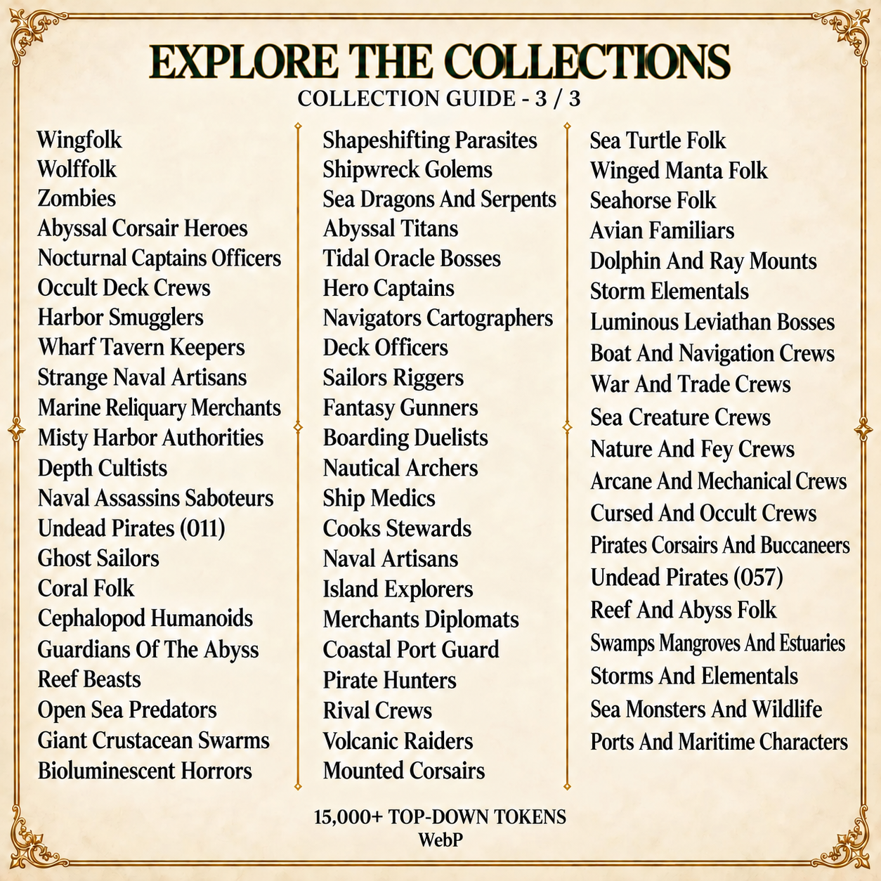 Category guide, part 3 of 3, including pirate crews, ocean creatures and maritime characters