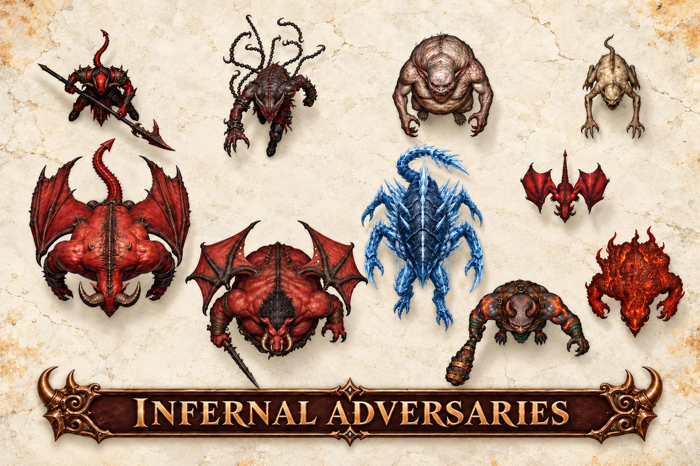 Infernal adversaries including horned, winged and tentacled creatures viewed from above