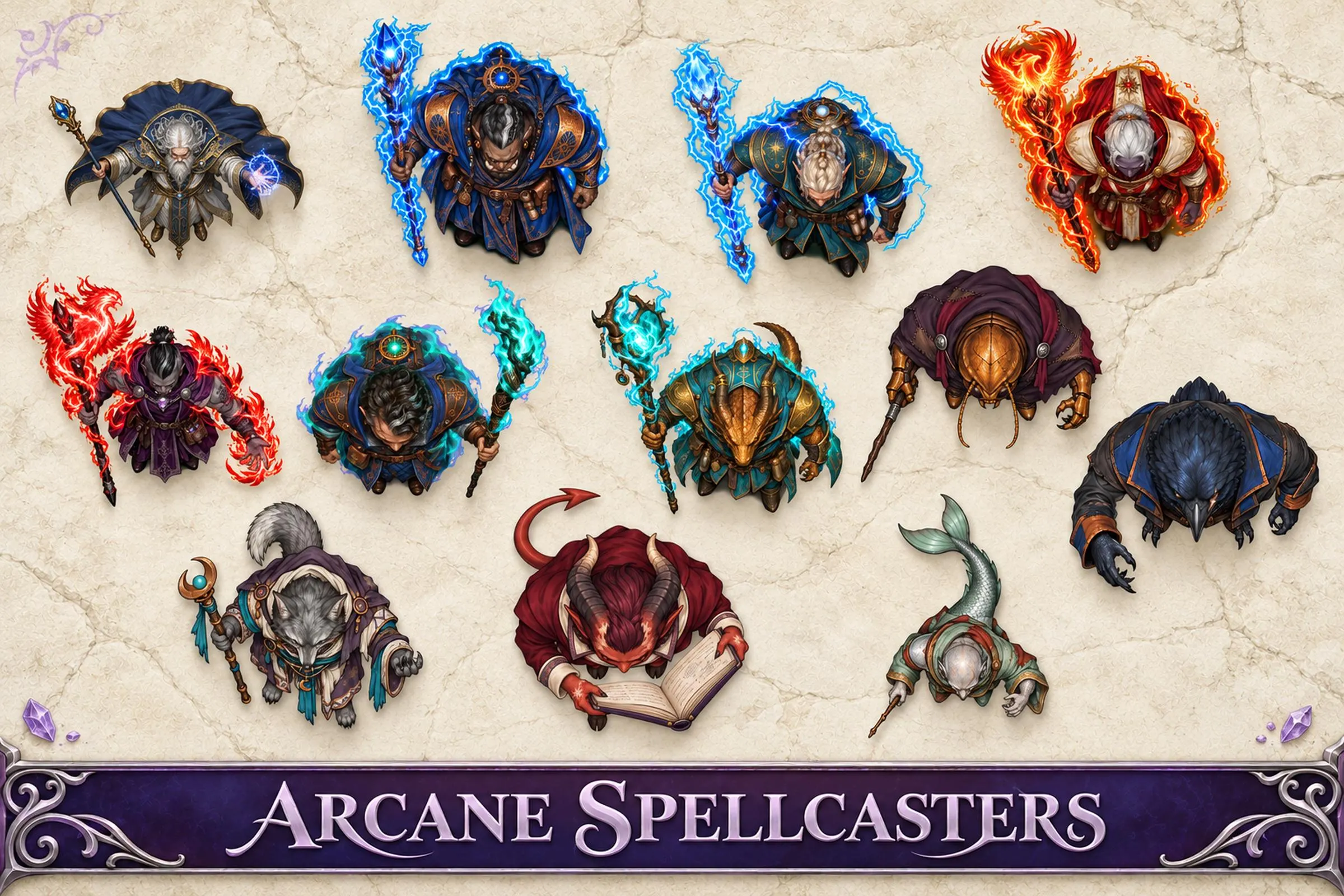 Arcane spellcasters in colorful robes with magical effects, viewed from above