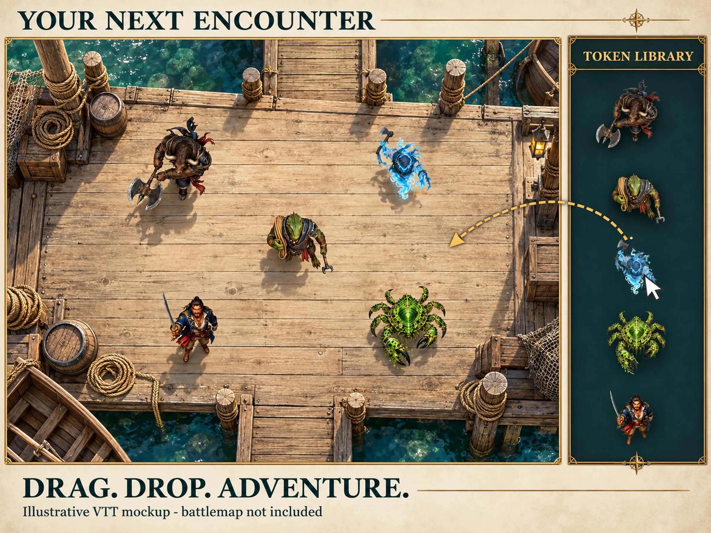Example virtual tabletop encounter with character tokens on a wooden battlemap