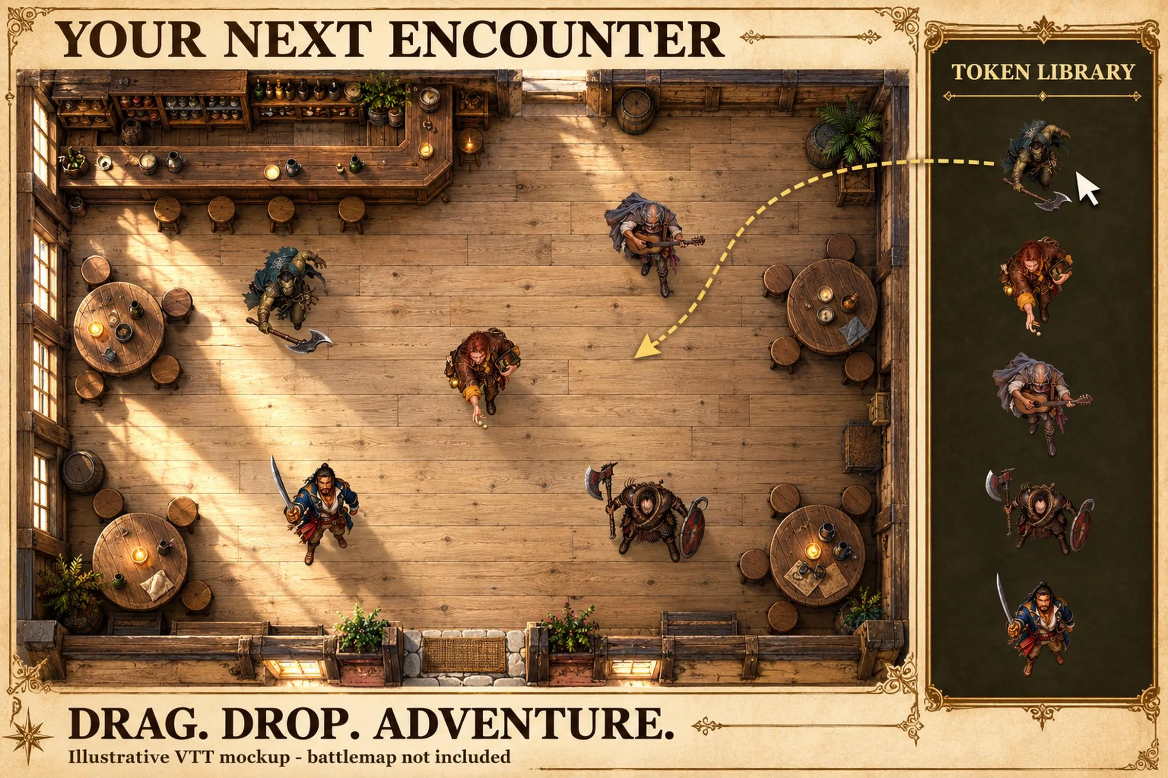 Example tavern encounter using overhead character tokens and a token library sidebar