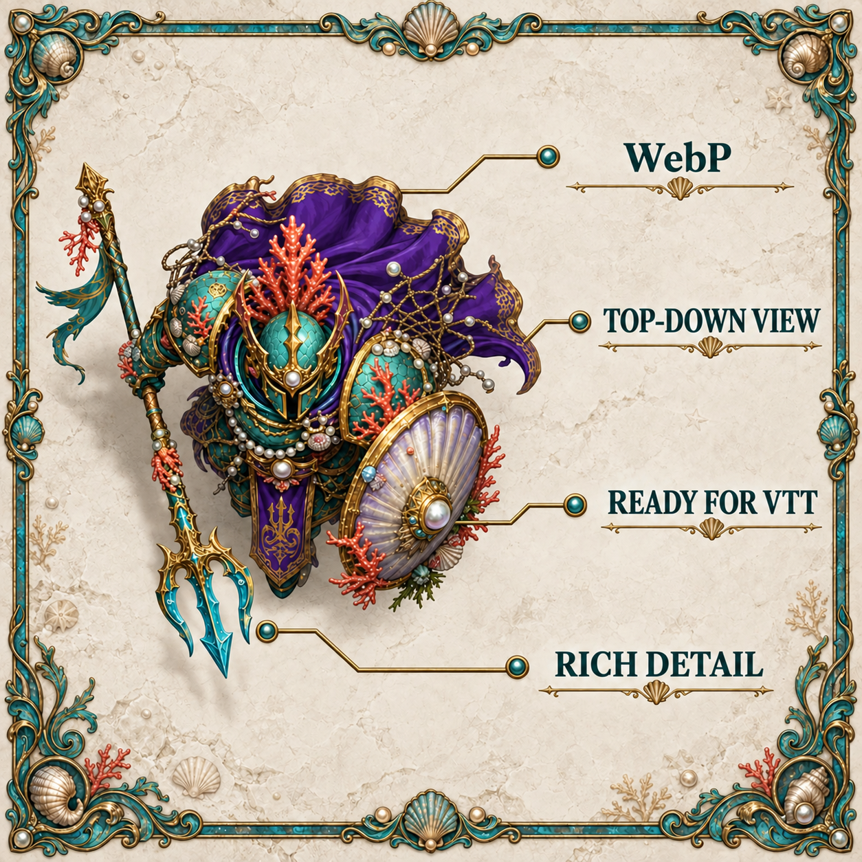 Armored aquatic warrior carrying a shield, shown from above as a WebP token