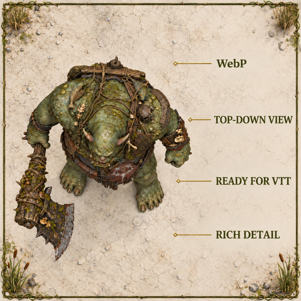 Armored turtle-like warrior shown from above as a WebP token