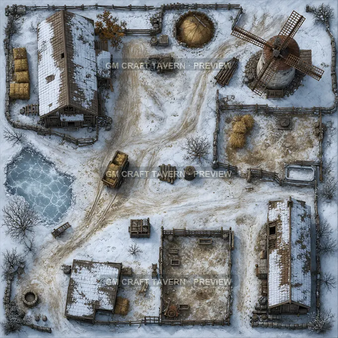 Winter Barnyard With Hay Sled Lane And Ice Trough battlemap preview