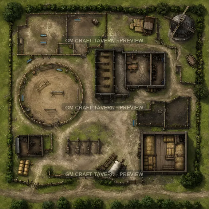 Horse Breeding Farm With Training Paddock And Tack Shed battlemap preview