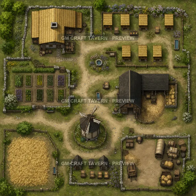 Apiary Farmhouse With Herb Beds And Bee Sheds battlemap preview