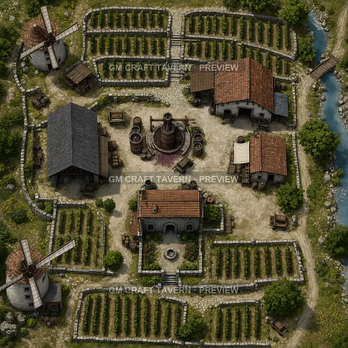 Vineyard Press Yard With Stone Terraces And Trellis Rows battlemap preview