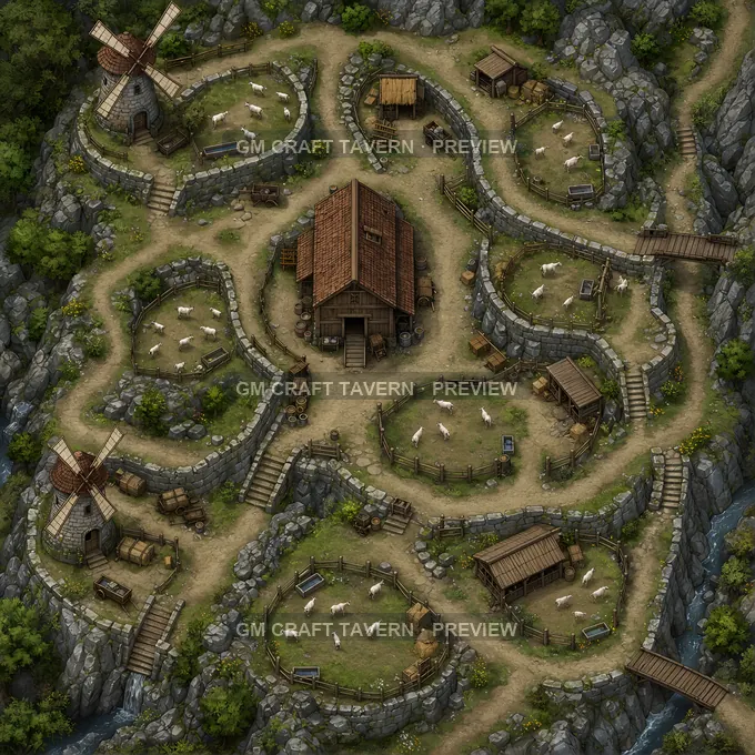 Goat Farm On Rocky Switchback Slope With Feeding Terraces battlemap preview