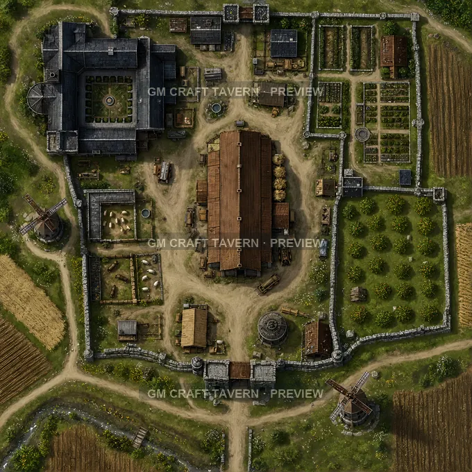 Monastery Grange With Tithe Barn Court And Walled Garden battlemap preview