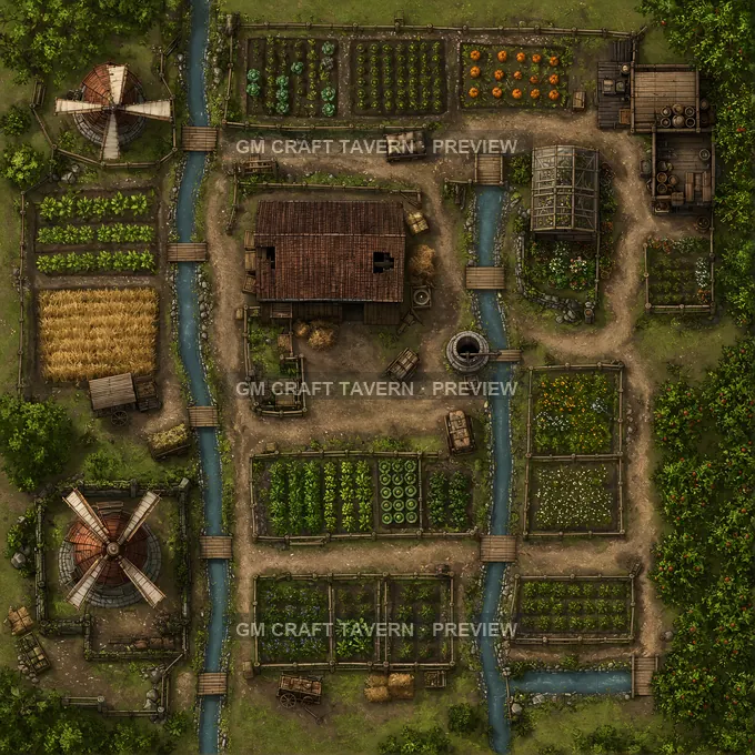 Market Garden With Irrigation Channels And Potting Sheds battlemap preview