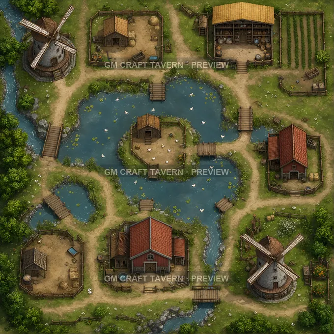 Duck Farm Ponds With Plank Bridges And Feed Store battlemap preview