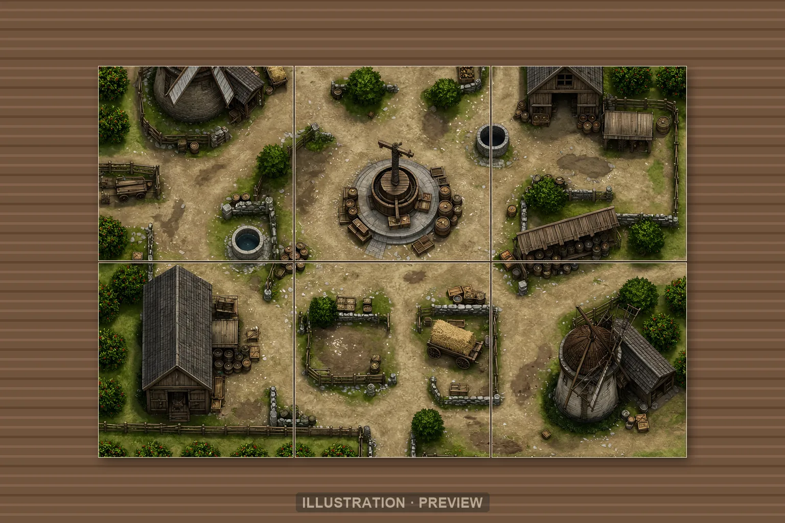 Illustration of a battlemap arranged on six printed sheets on a tabletop