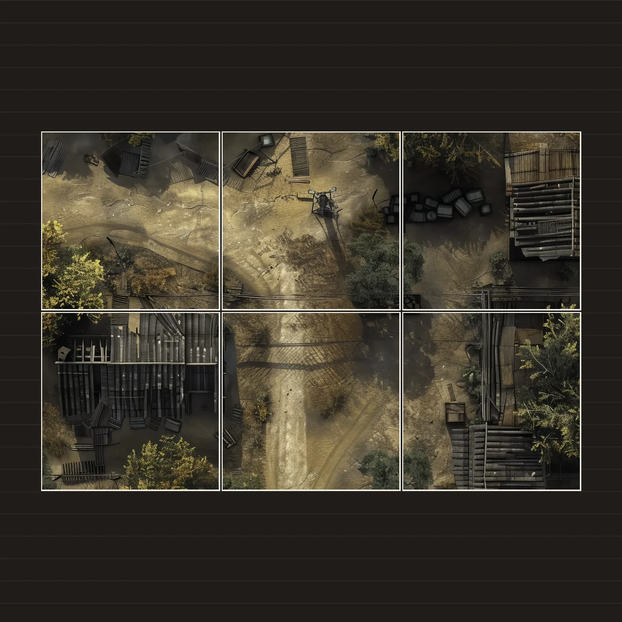 Illustration of a battlemap arranged on six printed sheets on a tabletop
