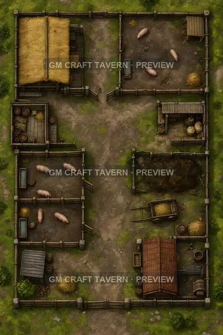 Fenced Pig Farm With Mud Lanes And Feed Store battlemap preview