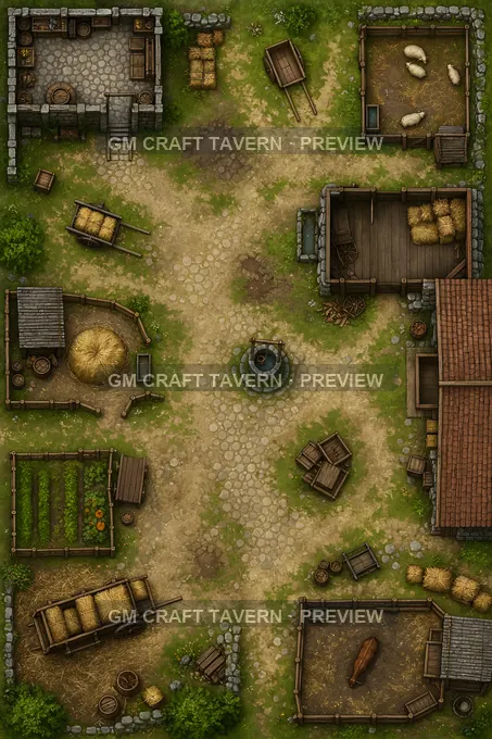 Harvest Courtyard With Wagons And Hay Bales battlemap preview