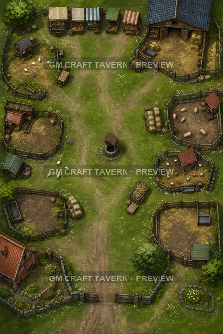 Goose Green With Market Carts And Farm Stalls battlemap preview