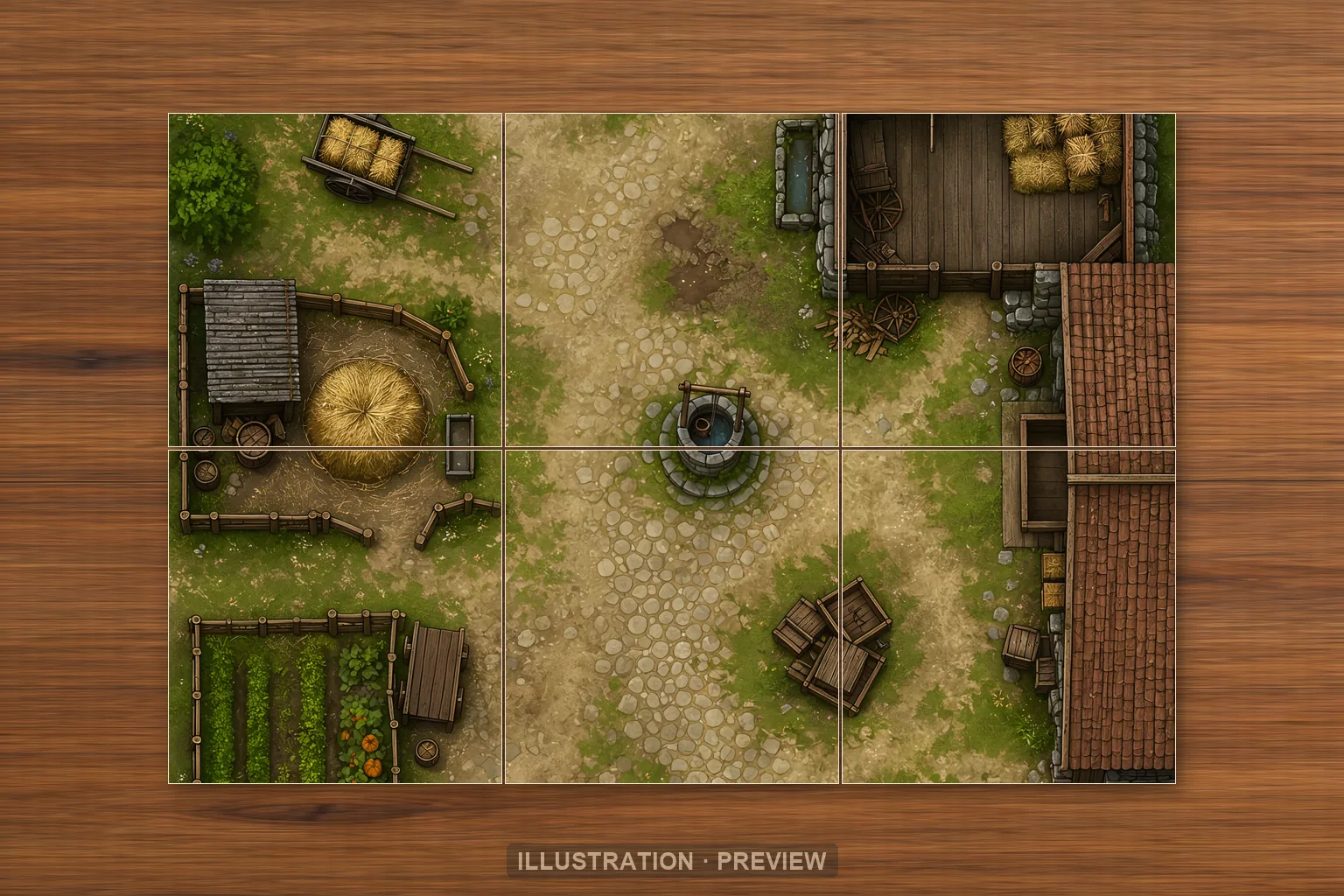 Illustration of a battlemap arranged on six printed sheets on a tabletop