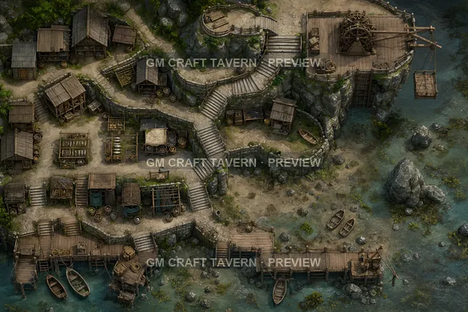 Cliffside Fisher Quarter With Winch Lift And Steps battlemap preview