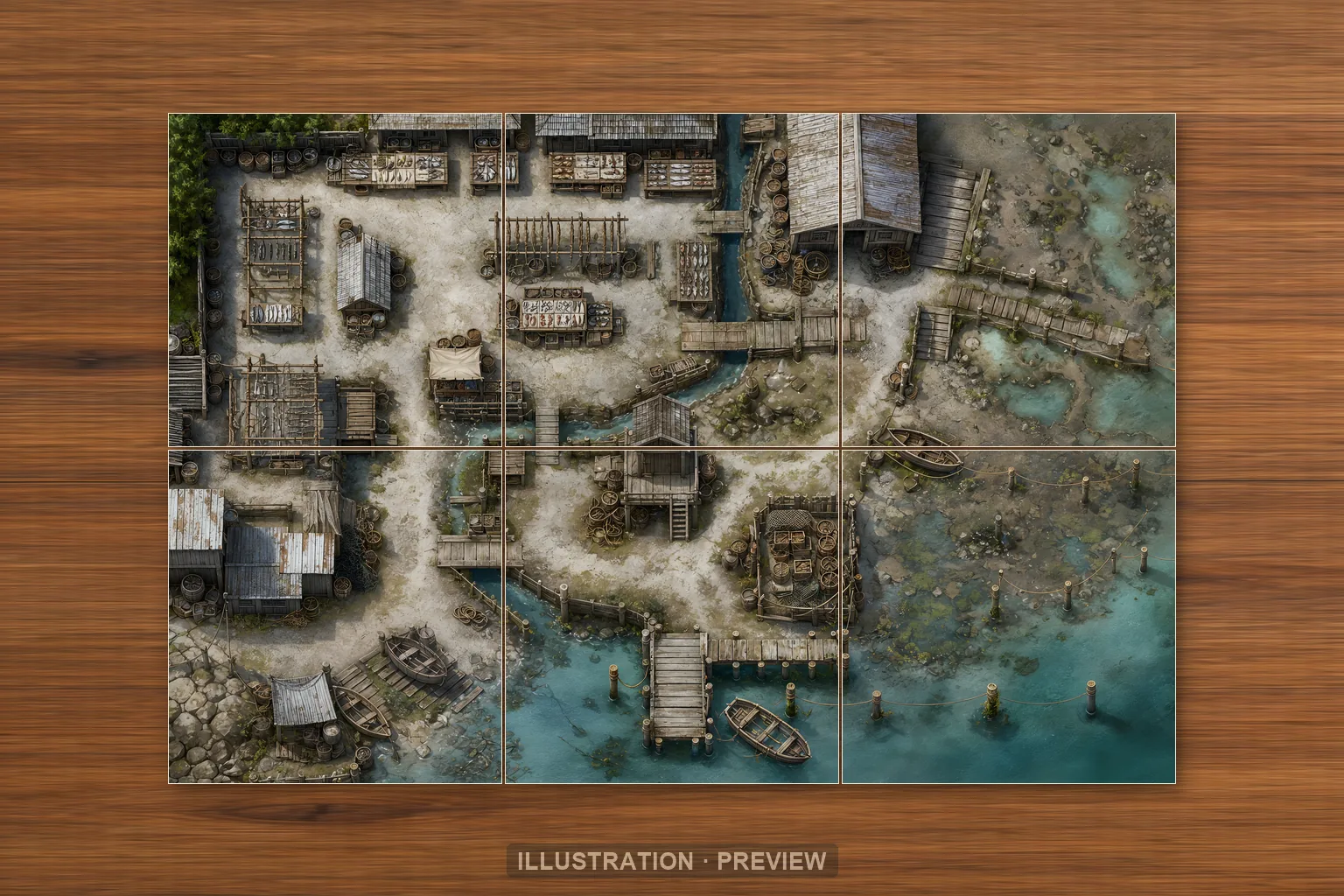 Illustration of a battlemap arranged on six printed sheets on a tabletop