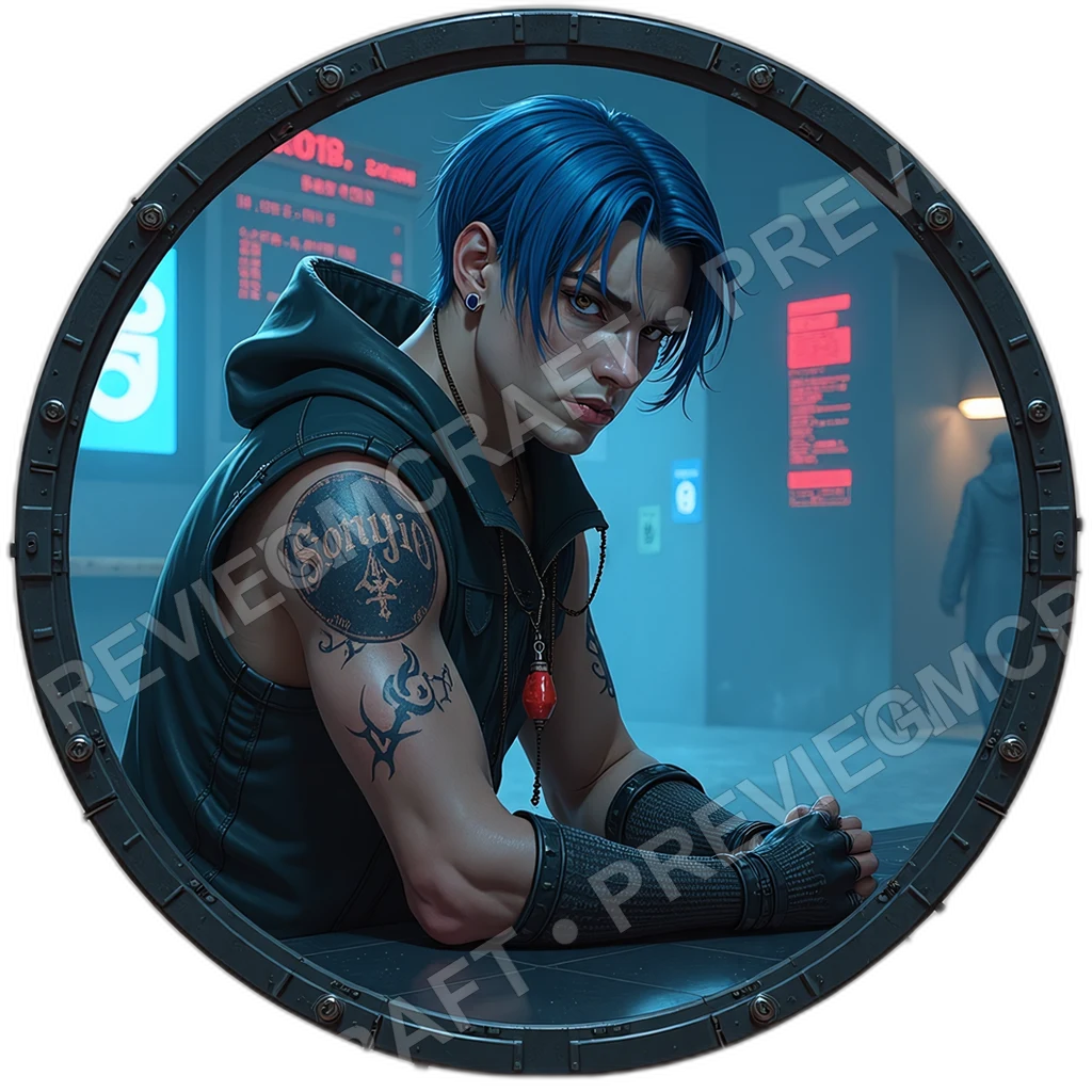 Pocket Broker, Male, Palm Vault Tattoo, Throat Whisper Bead, Hidden Microdrone Heel, Fixers, ,Adult,1.8,, ,Stocky Build,1.8,, ,Cobalt Blue Hair,1.8,, 0001 top-down token preview