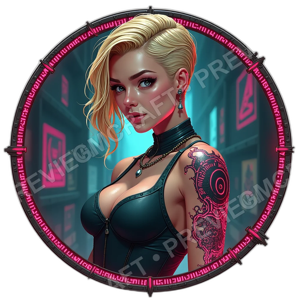 Velvet Brokeress, Female, Throat Comm Bead, Hidden Palm Vault, Heel Deployed Microdrone, Fixers, ,Young Adult Age,1.8,, ,Heavyset Build,1.8,, ,Golden 0001 top-down token preview