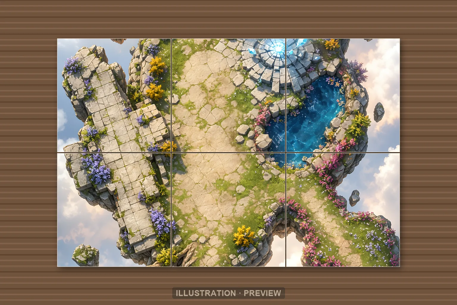Illustration of a battlemap arranged on six printed sheets on a tabletop